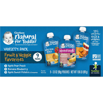 Gerber Baby Food Pouches, Value Pack, Fruit and Veggie Pouch - Apple Pear Peach (3), Banana Blueberry (3), Apple Sweetpotato (3), Toddler, (3.5 oz each) (9-Pack)