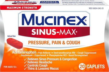 Mucinex Maximum Strength Sinus-Max Pressure, Pain & Cough Caplets, 20 Ct, Relieves Minor Aches And Pains, Headache, Chest Congestion, Nasal Congestion, Sinus Pressure, And Controls Cough