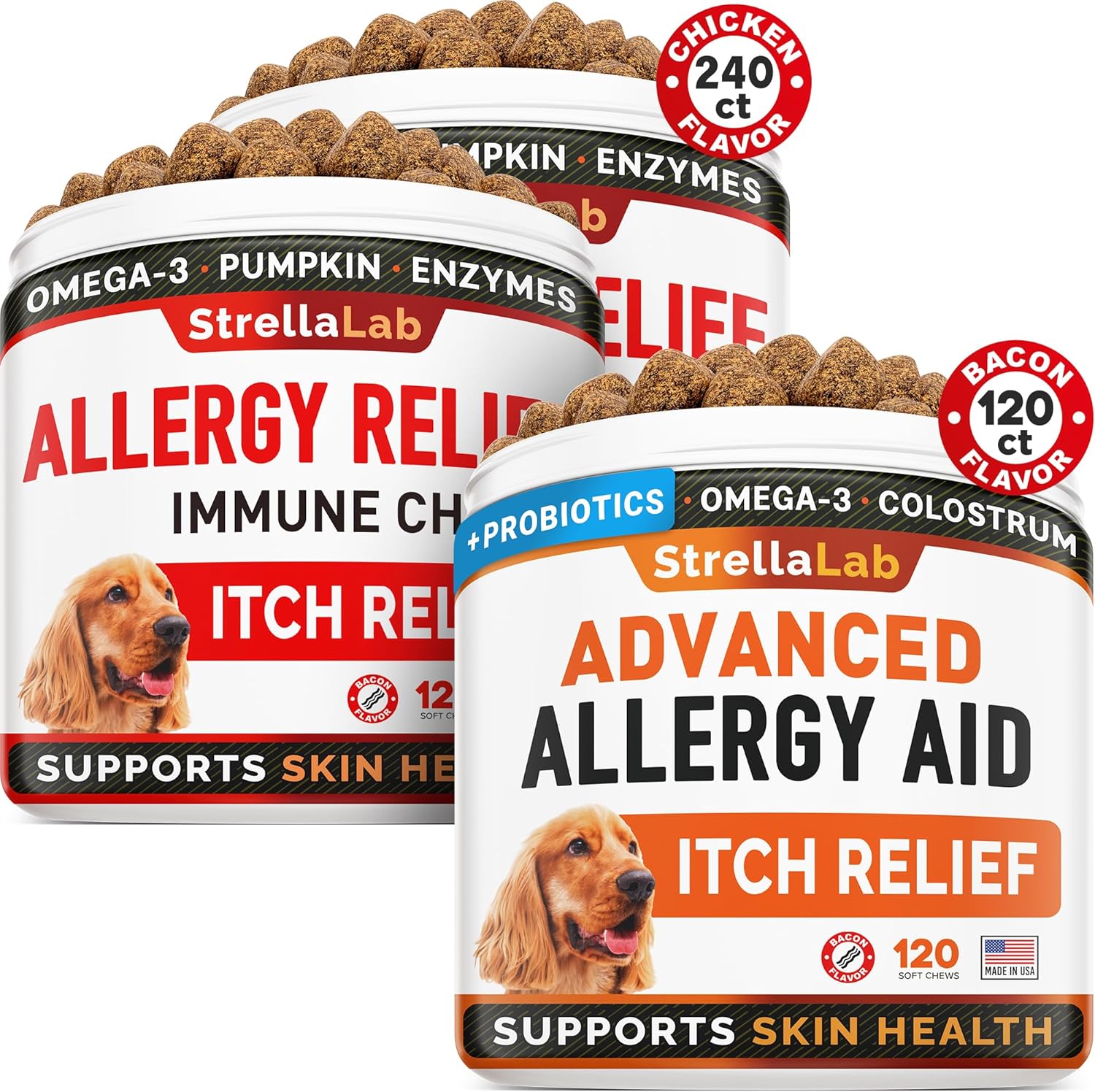 Allergy Relief + Advanced Allergy Dogs Bundle - Itchy Skin Treatment + Allergy & Itch Relief - Omega 3 & Pumpkin + Probiotics - Dogs Itching & Licking + Anti-Itch&Hot Spots - 360 Chews - Made In Usa