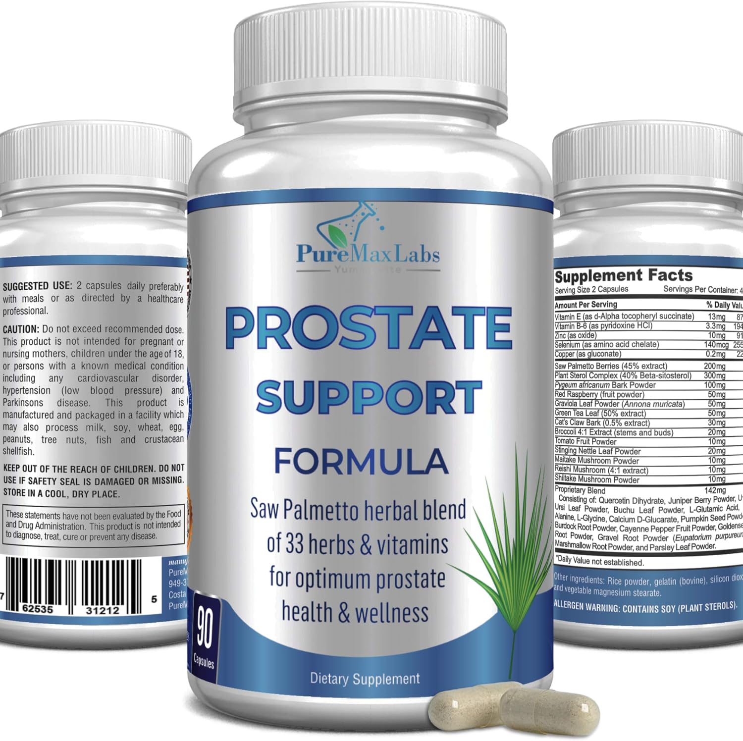 Prostate Support Formula For Men - Saw Palmetto, Plant Sterol, 33 Herbs, Bladder Control Pills To Reduce Frequent Urination & Dht Blocker To Prevent Hair Loss | Prostate Supplement | 90 Capsules
