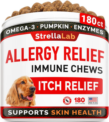 StrellaLab Dog Allergy Relief (180 Chews) w Omega 3 - Dog Itchy Skin Treatment, Dog Allergy Chews - Anti Itch Support, Dry Itchy Skin, Shedding, Hot Spots, Skin & Coat Supplement