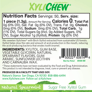 Xylichew 100% Xylitol Chewing Gum - Non Gmo, Non Aspartame, Gluten Free, And Sugar Free Gum - Natural Oral Care, Relieves Bad Breath And Dry Mouth - Peppermint, 50 Count