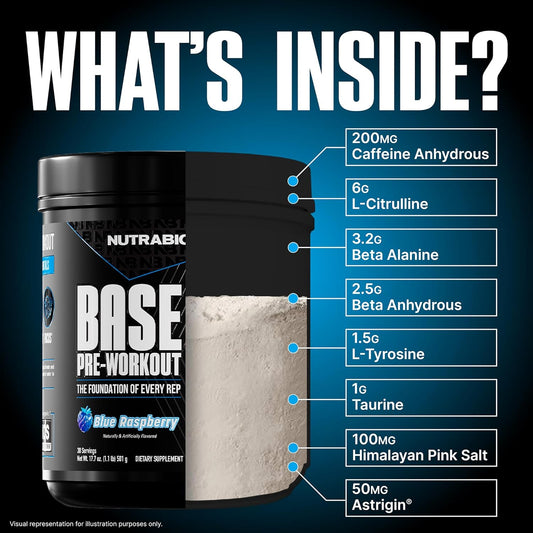 Nutrabio Base Pre-Workout Powder 200Mg Caffeine, Sustained Energy, Focus, Endurance, Pump, Sugar Free, Clean Preworkout For Men And Women - Beta Alanine, L-Tyrosine, 30 Servings - Lemon Lime