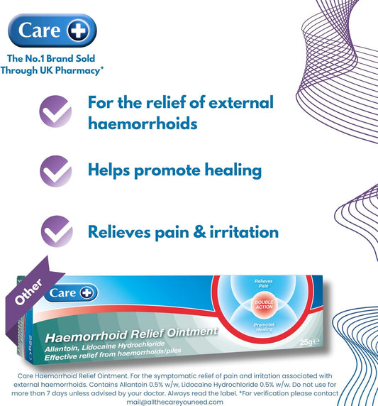 Care Haemorrhoid Cream 25G, For The Relief Of External Haemorrhoids, Double Action Ointment, Relieves Pain And Promotes Healing Of Piles