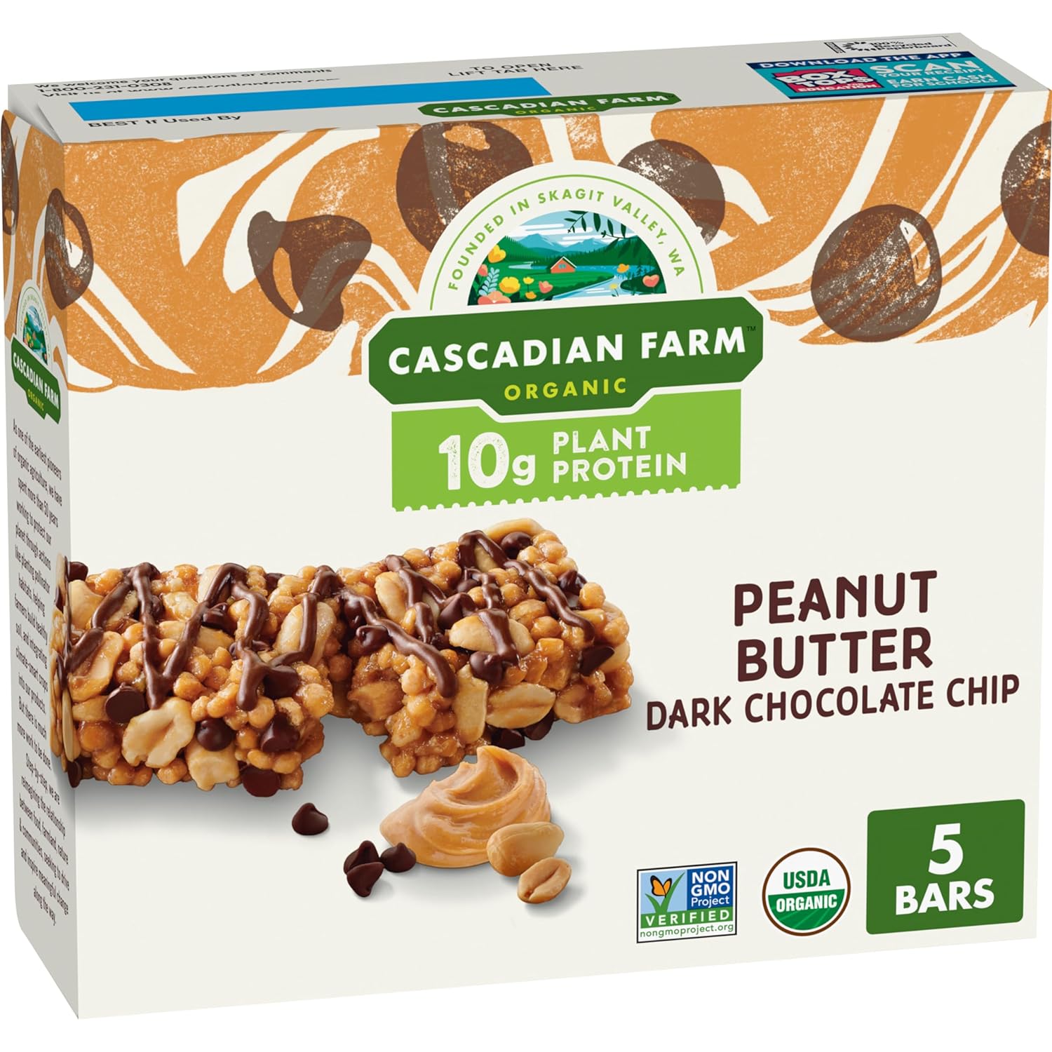 Cascadian Farm Organic Peanut Butter Dark Chocolate Chip Protein Bars, Non-GMO, 5 Bars, 8.85 oz