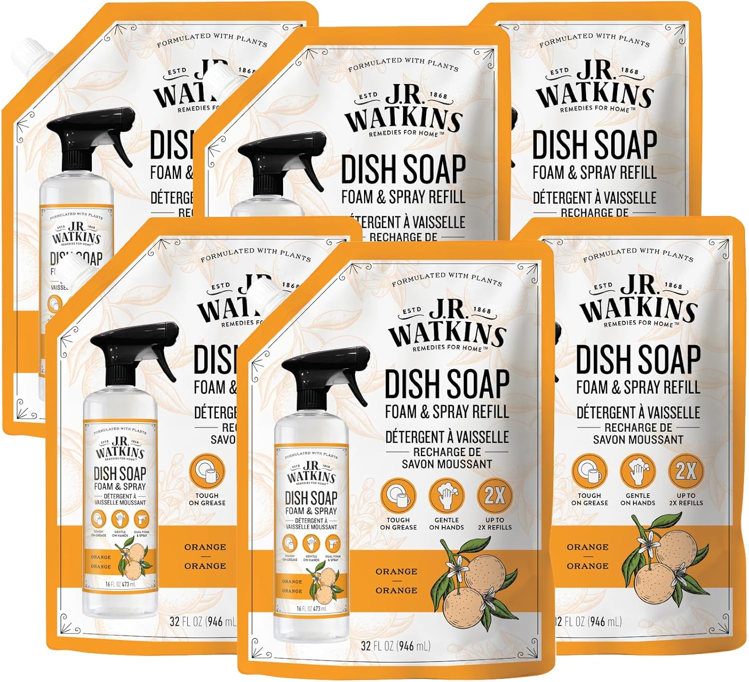 J.R. Watkins Foaming Dish Soap Refill Pouch, Crafted Clean & Cruelty Free, Orange, 32 Fl Oz, 6 Pack