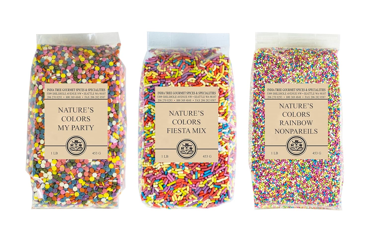 India Tree Nature'S Colors Sprinkles Chef'S Gift Pack | Fiesta Sprinkles, My Party Sprinkles, Rainbow Nonpareils | 1 Pound Chef'S Pak, 3-Pack