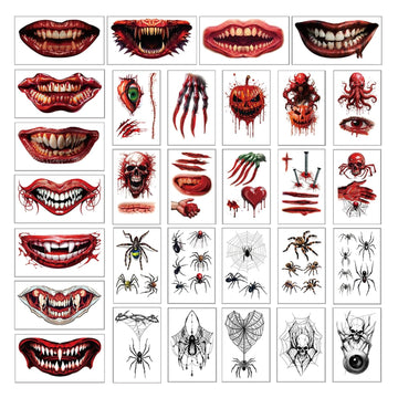 Fake Zombie Scar Tattoos, Waterproof Halloween Makeup Tattoos Kit, 30 Sheets Fake Vampire Teeth/Spider/Mouth Tattoos Stickers Suitable For Halloween Cosplay And Costume Party