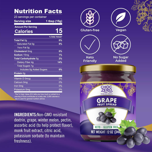 Choczero Keto Grape Jam, No Added Sugar Fruit Spread Preserves, Concord Jelly, Great Source Of Fiber, 12 Ounces (Pack Of 1)