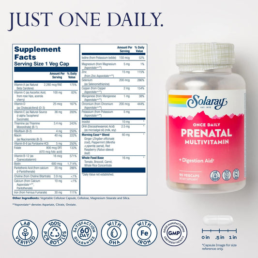 Solaray Once Daily Prenatal Multivitamin with Iron & DHA, Prenatal Vitamins and Minerals for Expectant Mothers, Digestion Aid with Morning Ease Herbal Blend & Whole Food Base, 90 Servings, 90 VegCaps