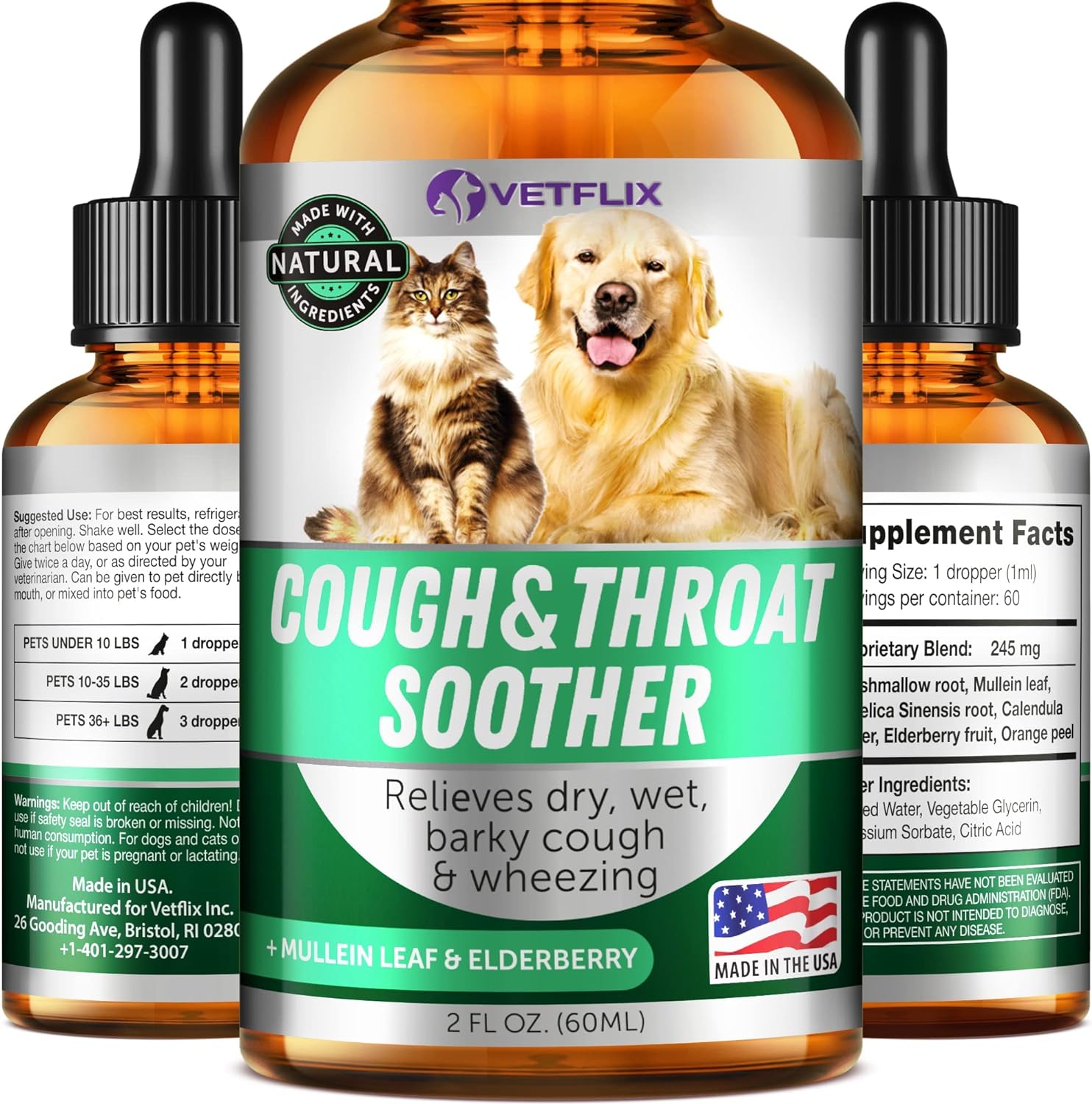 Kennel Cough, Allergy Relief & Natural Respiratory Support - Throat Soother Supplement for Dogs and Cats - Made in USA - Mullen Leaf & Elderberry Blend - Easy Add to Food - 2 Fl.Oz