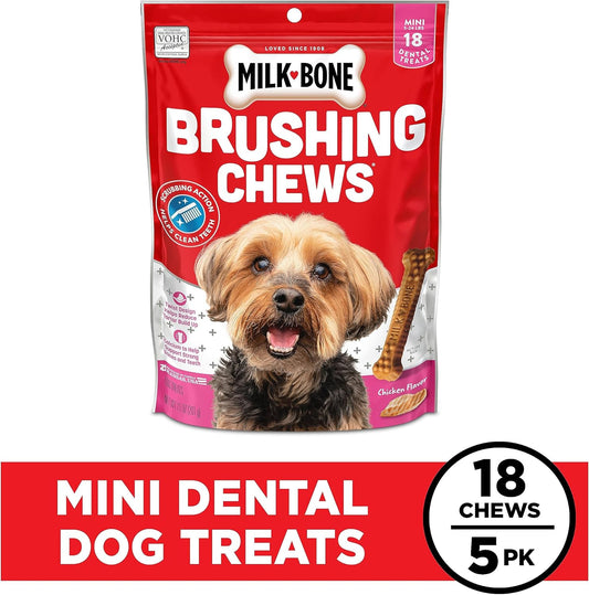 Milk-Bone Original Brushing Chews, 18 Mini Daily Dental Dog Treats (Pack of 5) Scrubbing Action Helps Clean Teeth