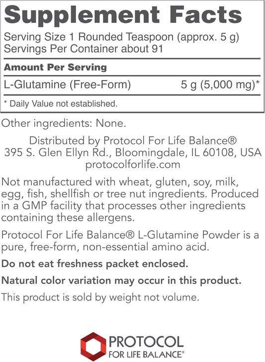 Protocol L-Glutamine 5g Powder - Immune Support, Nitrogen Balance, Gut & Brain Health - Amino Acids Supplement - L-Glutamine Powder - Kosher - 1 lb - 91 Servings