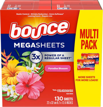 Bounce Mega Dryer Sheets, Paradise Blossom, 130 Count (Packaging May Vary)