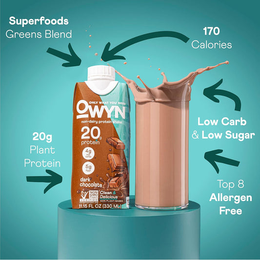 Owyn 100% Vegan Plant-Based Protein Shake, Dark Chocolate, 24 Pack, 20G Plant Protein, Omega-3, Superfoods Greens Blend, Gluten-Free, Soy-Free, Allergy-Free, Non-Gmo