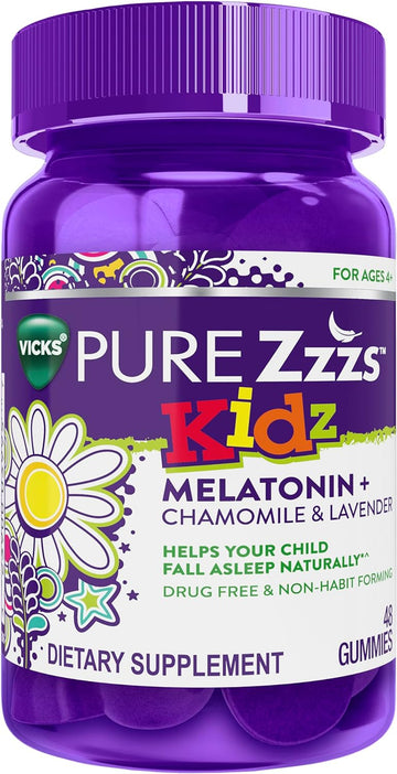 ZzzQuil VICKS PURE Kidz, Melatonin Sleep Aid Gummies for Kids and Children, Helps Your Child Fall Asleep Naturally, Low Dose Melatonin, Berry Flavored, 48 Gummies