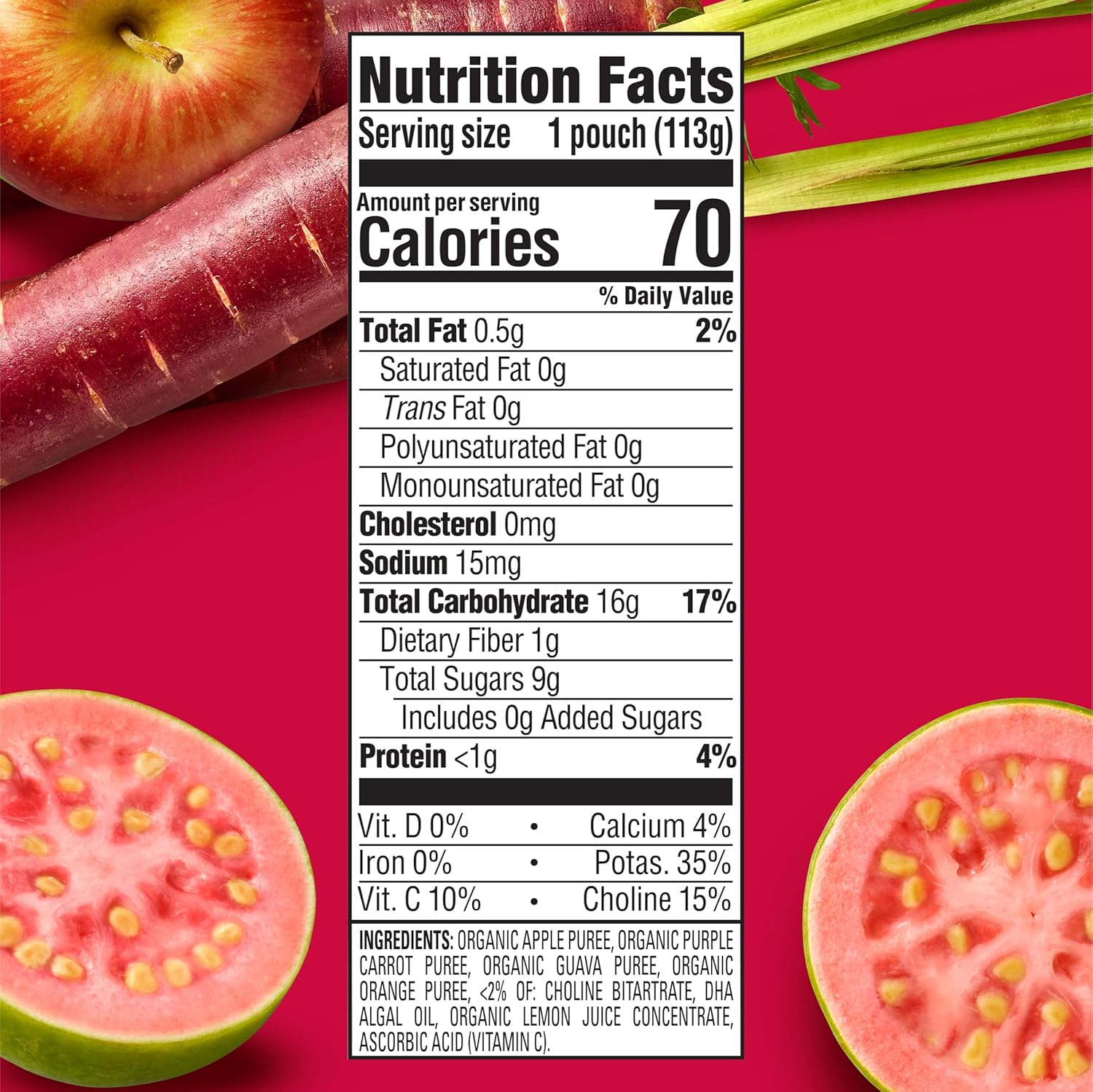 Happy Baby Organics Brain Support Blends Apples, Purple Carrots & Guava With Dha And Choline 4Oz Pouch (Pack Of 16)