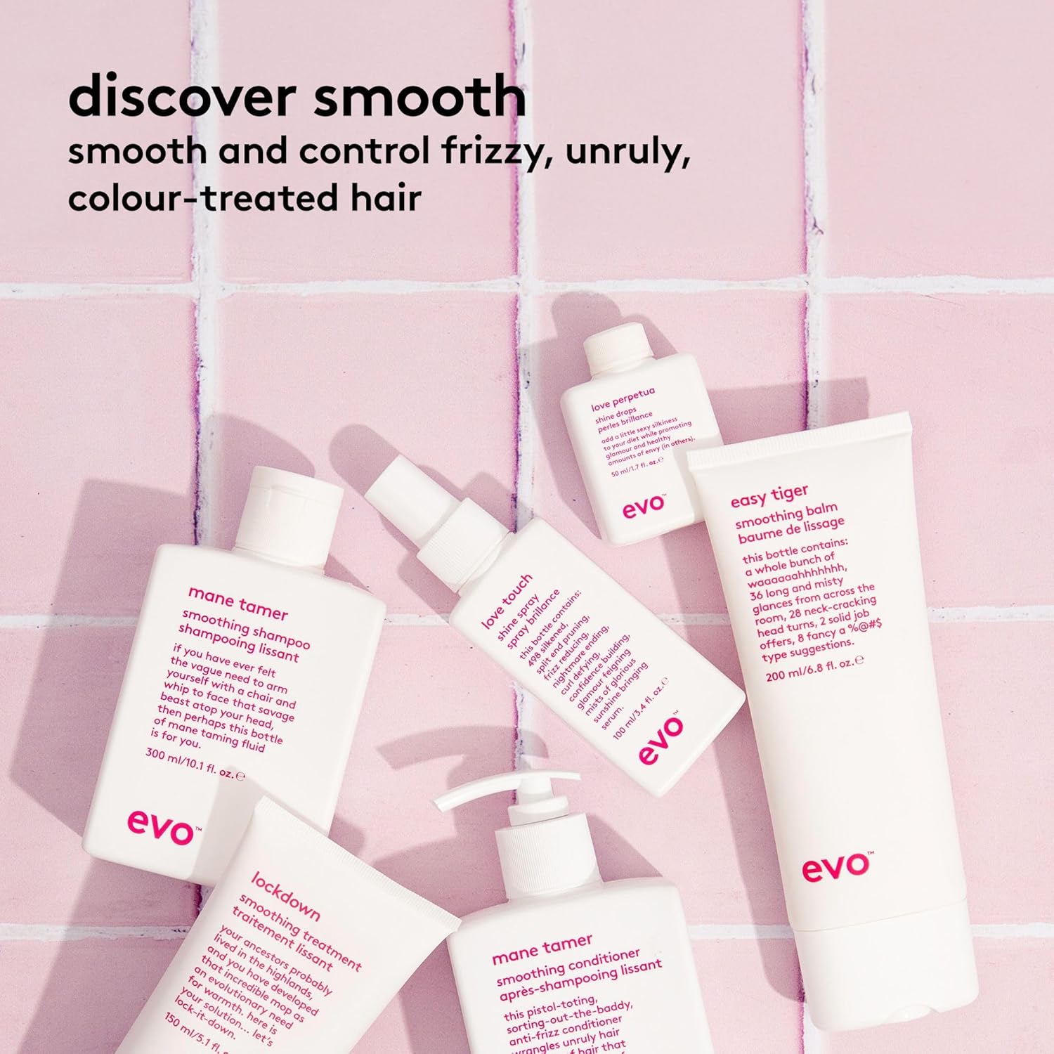 EVO Smoothing Hair Care Essentials Bundle: Mane Tamer Smoothing Shampoo, Mane Tamer Smoothing Conditioner, Easy Tiger Smoothing Bal, : Beauty & Personal Care