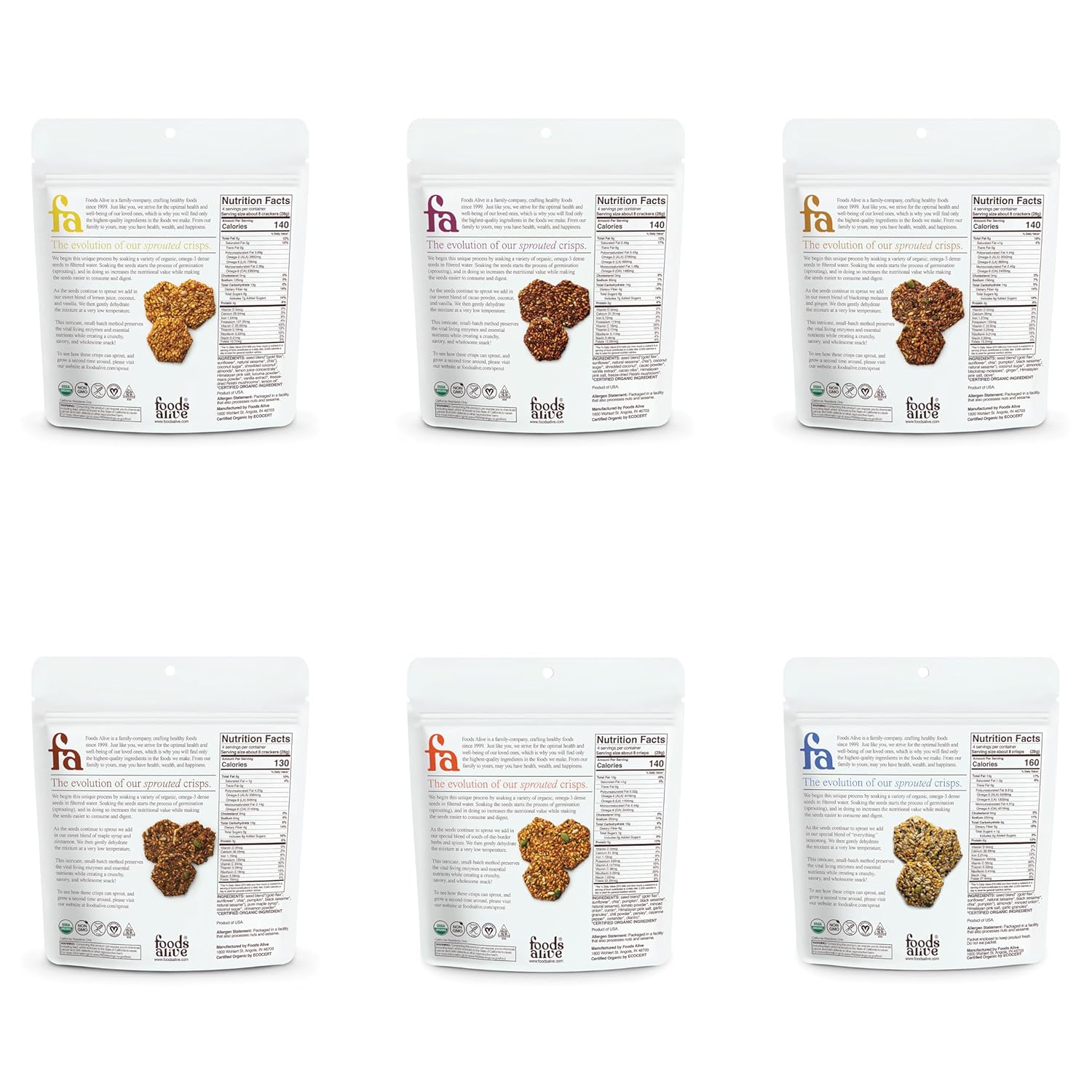 Foods Alive Sweet + Savory Organic Sprouted Crisps Bundle (6 Flavors), 4Oz, Gluten Free Crackers