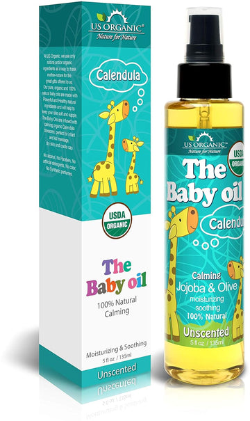 US Organic Baby Oil with Calendula, Jojoba and Olive Oil with Vitamin E, USDA Certified Organic, No Alcohol, Paraben, Artificial Detergents, Color, Synthetic Perfumes, 5 fl. Oz (Pure Unscented)