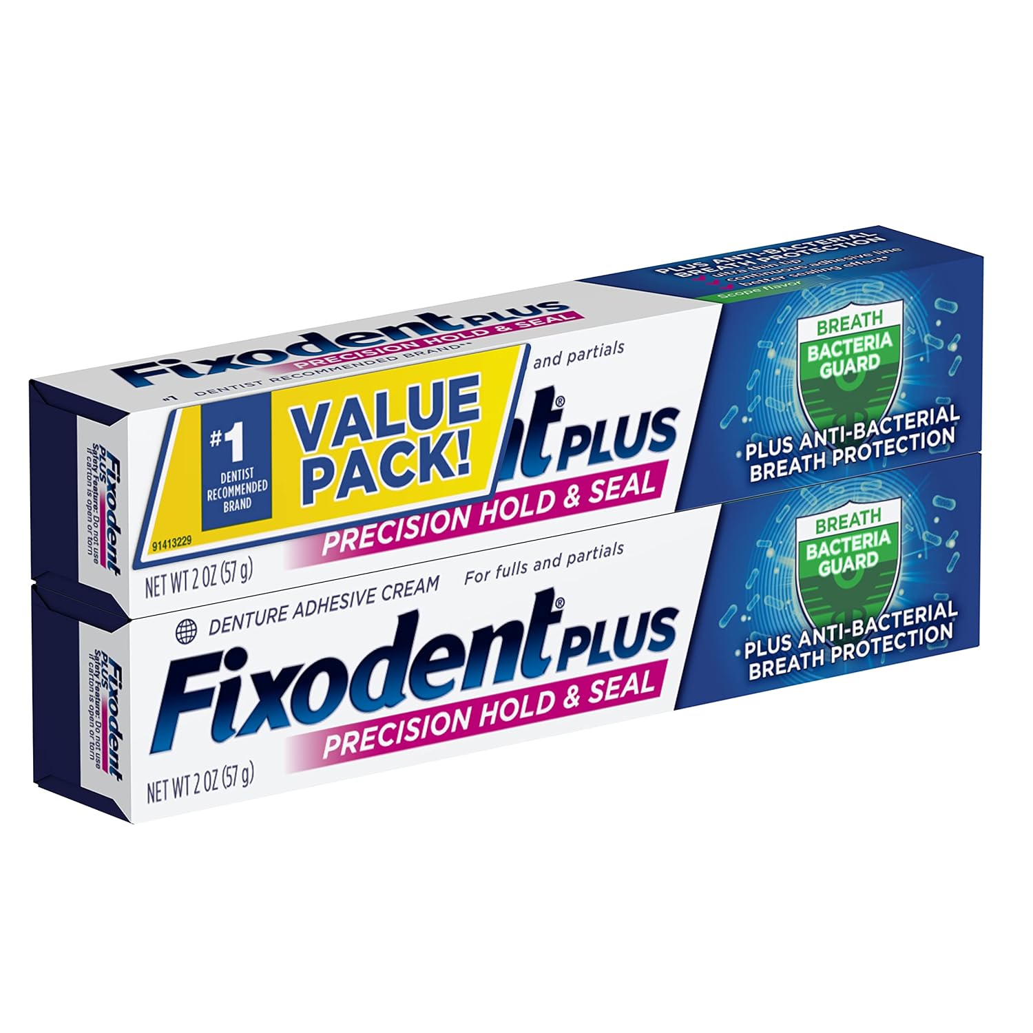 Fixodent Plus Precision Hold & Seal Denture Adhesive Cream, Breath Bacteria Guard, 2 Oz, Pack Of 2