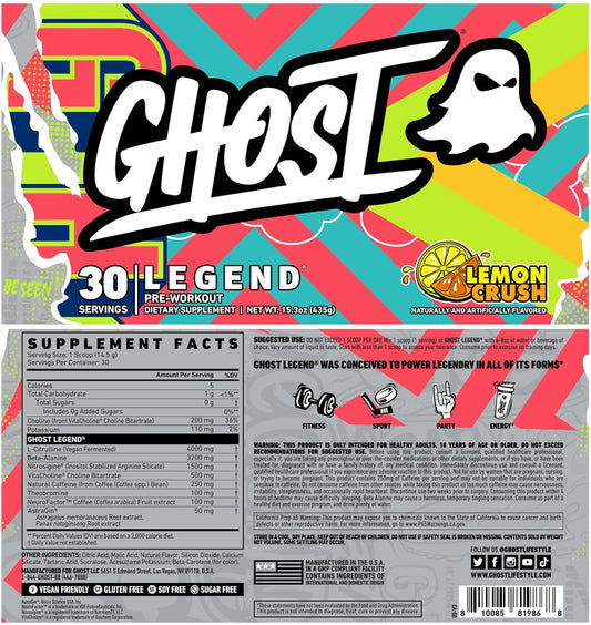 Ghost Legend V3 Pre-Workout Powder, Lemon Crush - 30 Servings – Pre-Workout For Men & Women With Caffeine, L-Citrulline, & Beta Alanine For Energy & Focus - Free Of Soy, Sugar & Gluten, Vegan