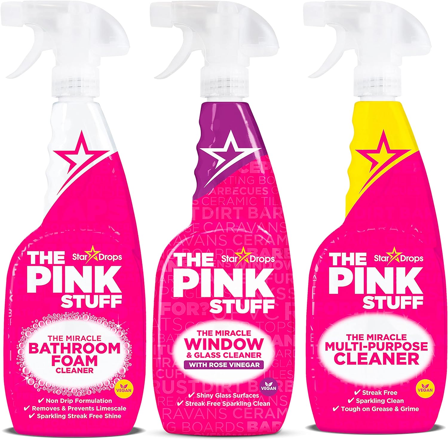 Stardrops - The Pink Stuff - The Miracle Multi-Purpose Spray, Window & Glass Cleaner, and Bathroom Foam Spray Bundle (1 Multi-Purpose Spray, 1 Window & Glass Cleaner, 1 Foam Spray)