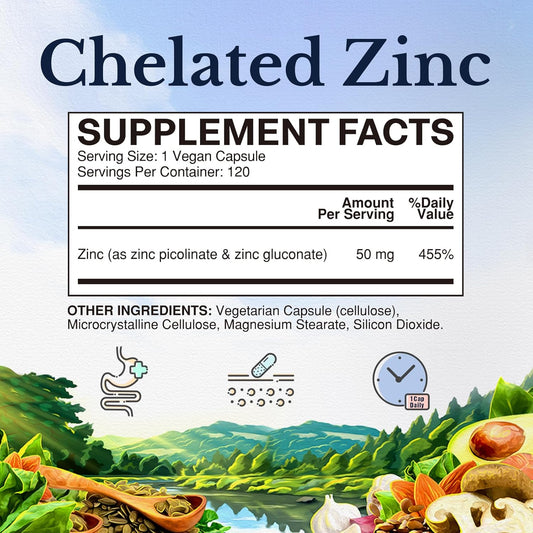 Vitalitown Zinc 50 Mg, Zinc Picolinate, Zinc Gluconate, 120 Veggie Capsules, No Zinc Oxide, Well-Absorbed, Chelated Zinc Supplement, Immune System, Healthy Skin & Development, Vegan, Non-Gmo