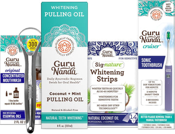 Gurunanda Coconut Oil Pulling (8 Fl.Oz) With Tongue Scraper, Teeth Whitening Strips, Concentrated Mouthwash (2 Fl Oz)& Cruiser Sonic Toothbrush (Lavender)