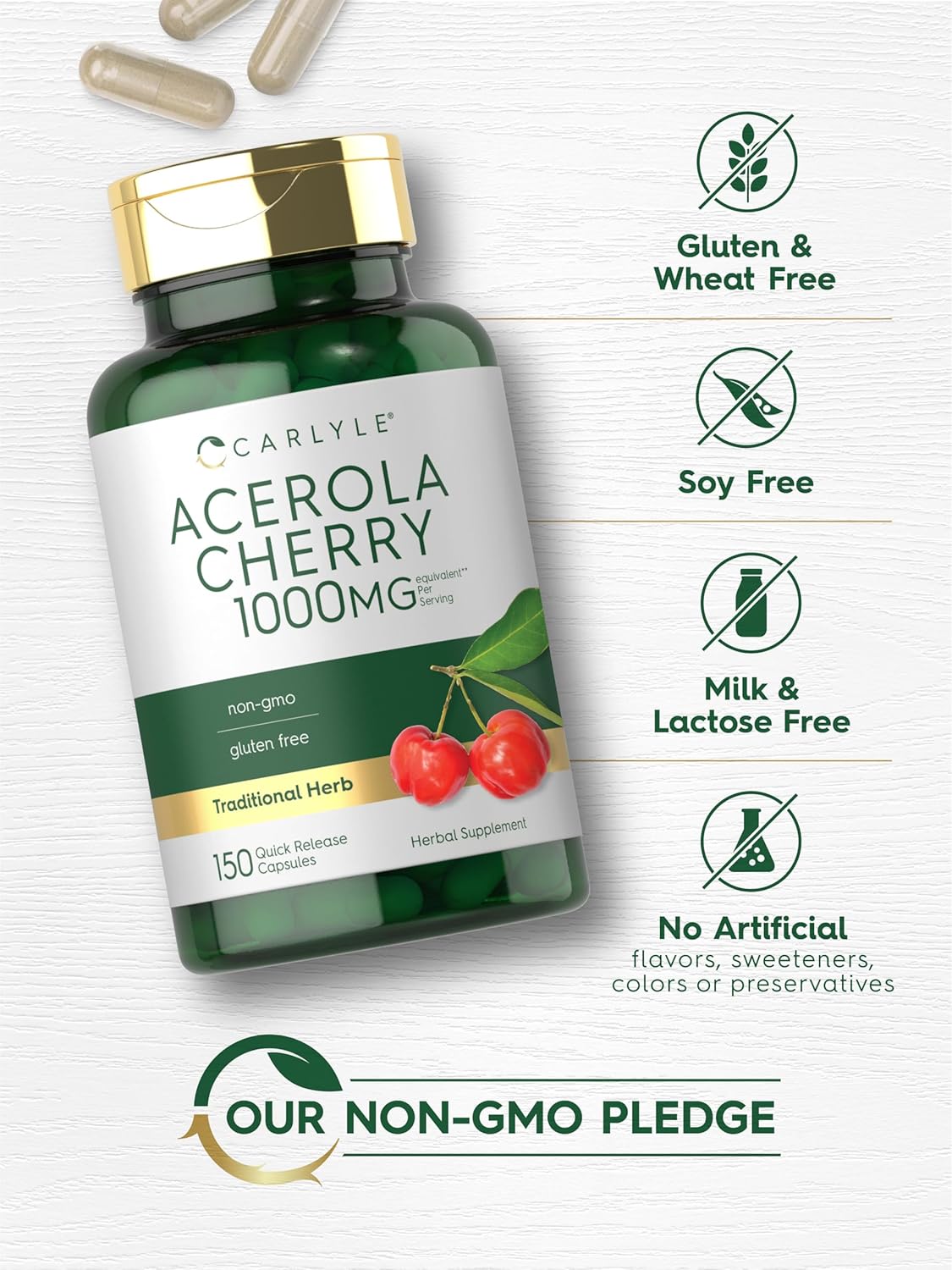 Carlyle Acerola Cherry Capsules | 1000mg | 150 Count | Non-GMO & Gluten Free Extract | Acerola Berry : Health & Household