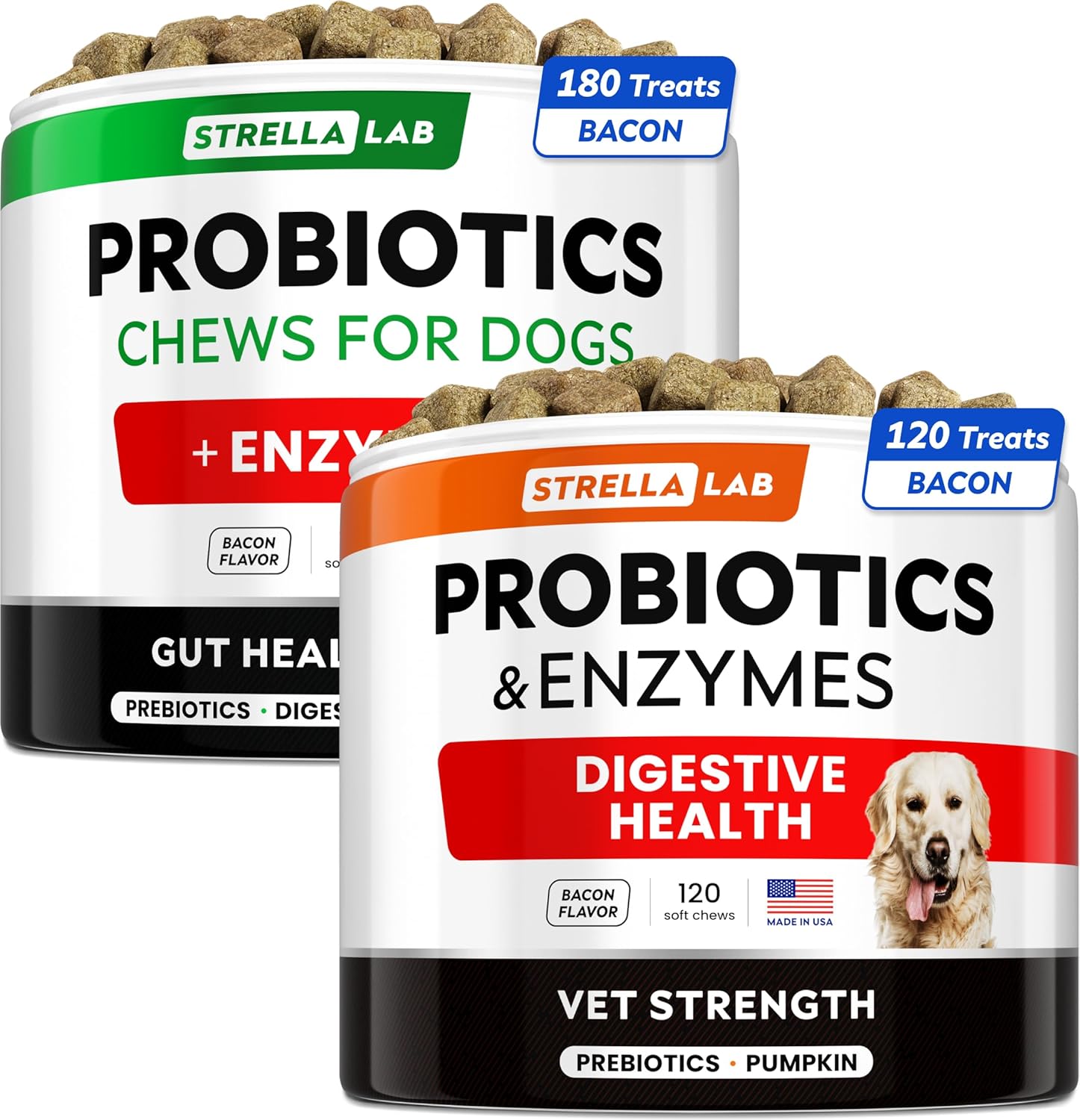 Vet Strength Probiotics + Probiotics Treats Bundle - Upset Stomach + Allergy - 1 Billion Cfu + Digestive Enzymes + Prebiotics - Digestion + Immunity - 400Ct - Bacon + Hicken Flavor - Made In Usa