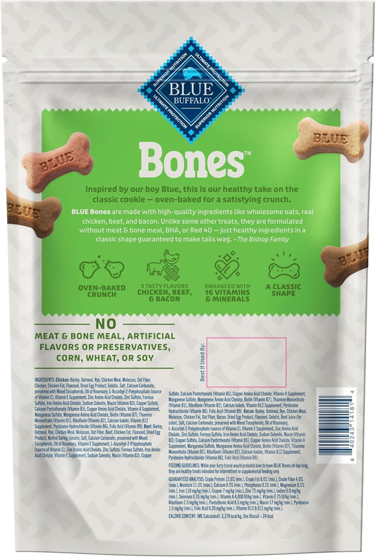 Blue Buffalo Bones Small Natural Dog Treats, Crunchy Dog Biscuits, Assorted Flavors - Beef, Chicken, Bacon Flavors, 16-Oz. Bag (4 Pack)