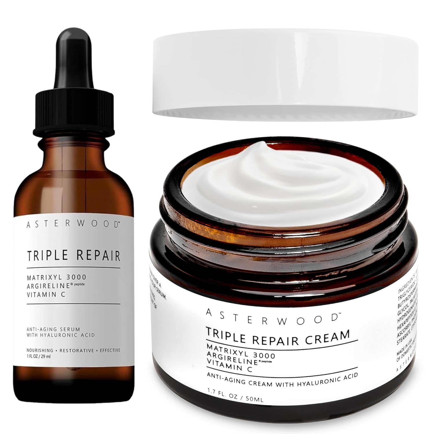 Asterwood Triple Repair Matrixyl 3000 Serum 1 Oz + Triple Repair Moisturizer Face Cream 1.7 Oz