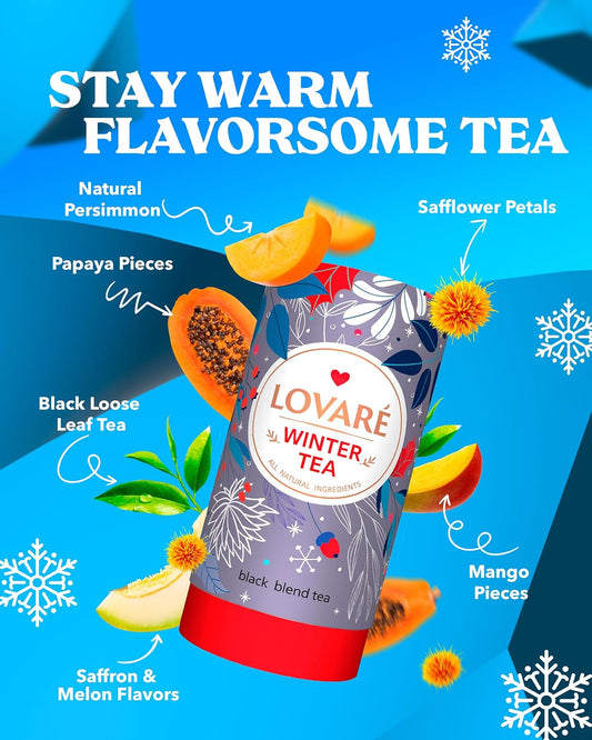 Lovare Winter Loose Leaf Tea 80 G - Made In Ukraine – Black Tea, Papaya & Mango Pieces, Safflower Petals, Persimmon, Saffron & Melon Flavors - Tea Lovers Gift Box With 15 Paper Filters