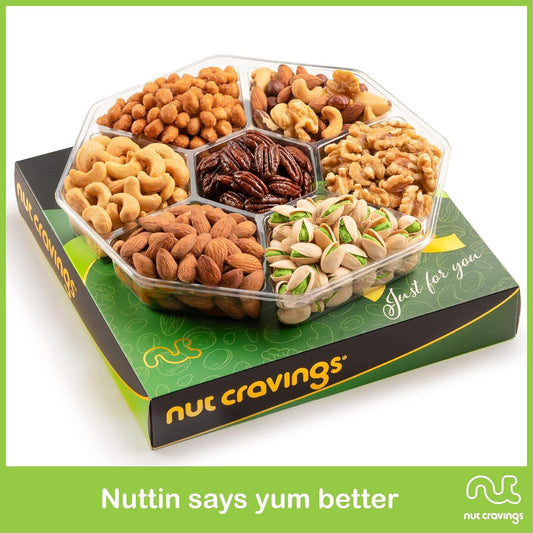 Nut Cravings Gourmet Collection - Mothers Day Mixed Nuts Gift Basket in Green Gold Box (7 Assortments, 1 LB) Arrangement Platter, Birthday Care Package - Healthy Kosher USA Made