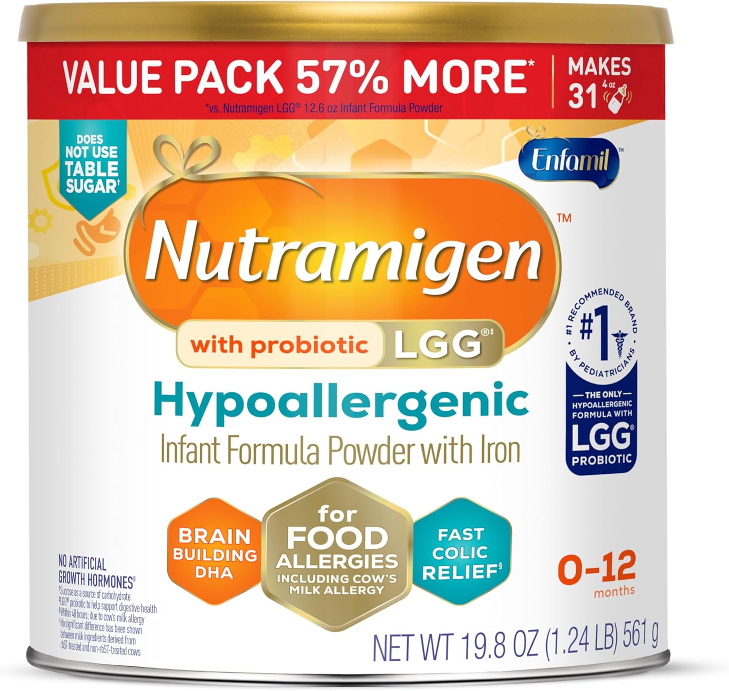 Enfamil Nutramigen Hypoallergenic Baby Formula with Iron, Lactose Free, Colic Relief from Cow's Milk Allergy Starts in 24 Hours, Brain Building DHA, Probiotic LGG for Immune Support, 19.8 Oz Can