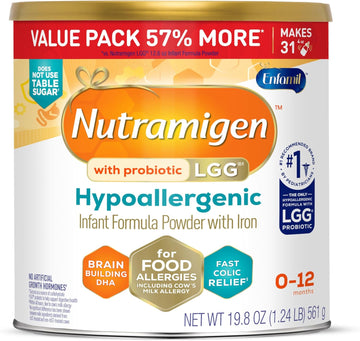 Enfamil Nutramigen Hypoallergenic Baby Formula with Iron, Lactose Free, Colic Relief from Cow's Milk Allergy Starts in 24 Hours, Brain Building DHA, Probiotic LGG for Immune Support, 19.8 Oz Can