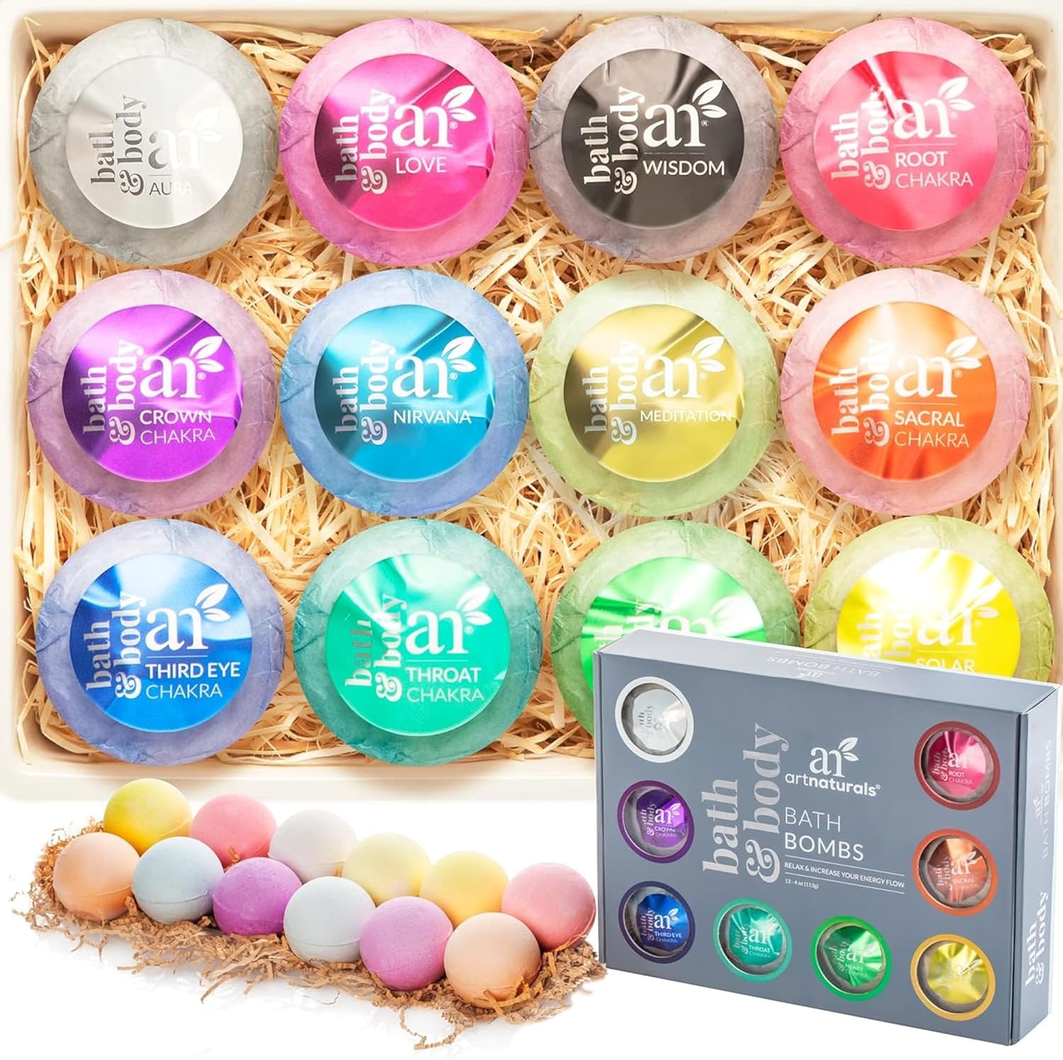 Artnaturals Large Bath Bombs Gift Set Kit “ (12 X 4 Oz / 113G) - Natural Handmade Essential Oil Spa Bubble Bath Bomb Balls Fizzies “ For Relaxation, Moisturizing, & Fun For Women, Kids, & Men