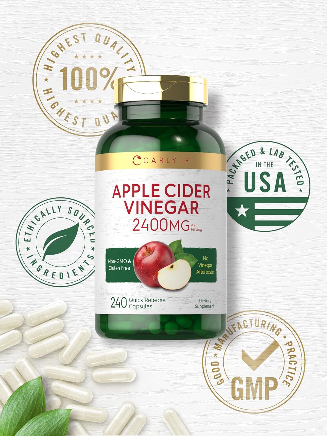 Carlyle Apple Cider Vinegar Capsules | 2400mg | 240 Count | Non-GMO, Gluten Free Supplement : Health & Household