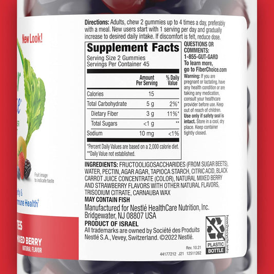 Fiber Choice 3g Fruity Bites Daily Prebiotic Fiber Supplement Gummies, Mixed Berry, 90 Count (2 per Serving)