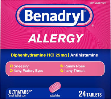 Benadryl Ultratabs Antihistamine Allergy Relief Tablets, Diphenhydramine HCl 25mg, 24 ct (Pack of 2)