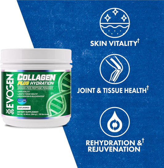 Evogen Collagen Plus Hydration - Grass-Fed Collagen For Women & Men | Collagen Peptides Powder | Collagen Powder Supporting Skin Vitality, Hydration, Joint & Tissue Health | Unflavored | 30 Servings