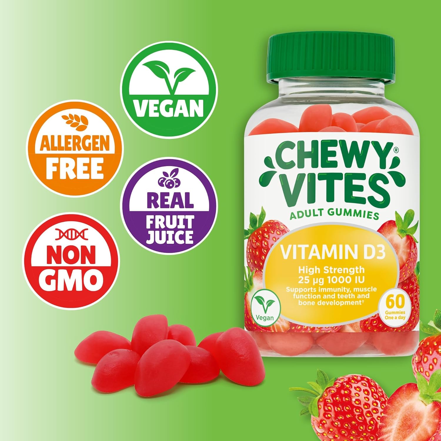 Chewy Vites Adult High Strength Vitamin D3, 60 Vitamin D Gummies, 25 micrograms 1000 IU, 2 Months Supply, Vegan, Real Fruit Juice, Strawberry Flavour : Amazon.co.uk: Health & Personal Care