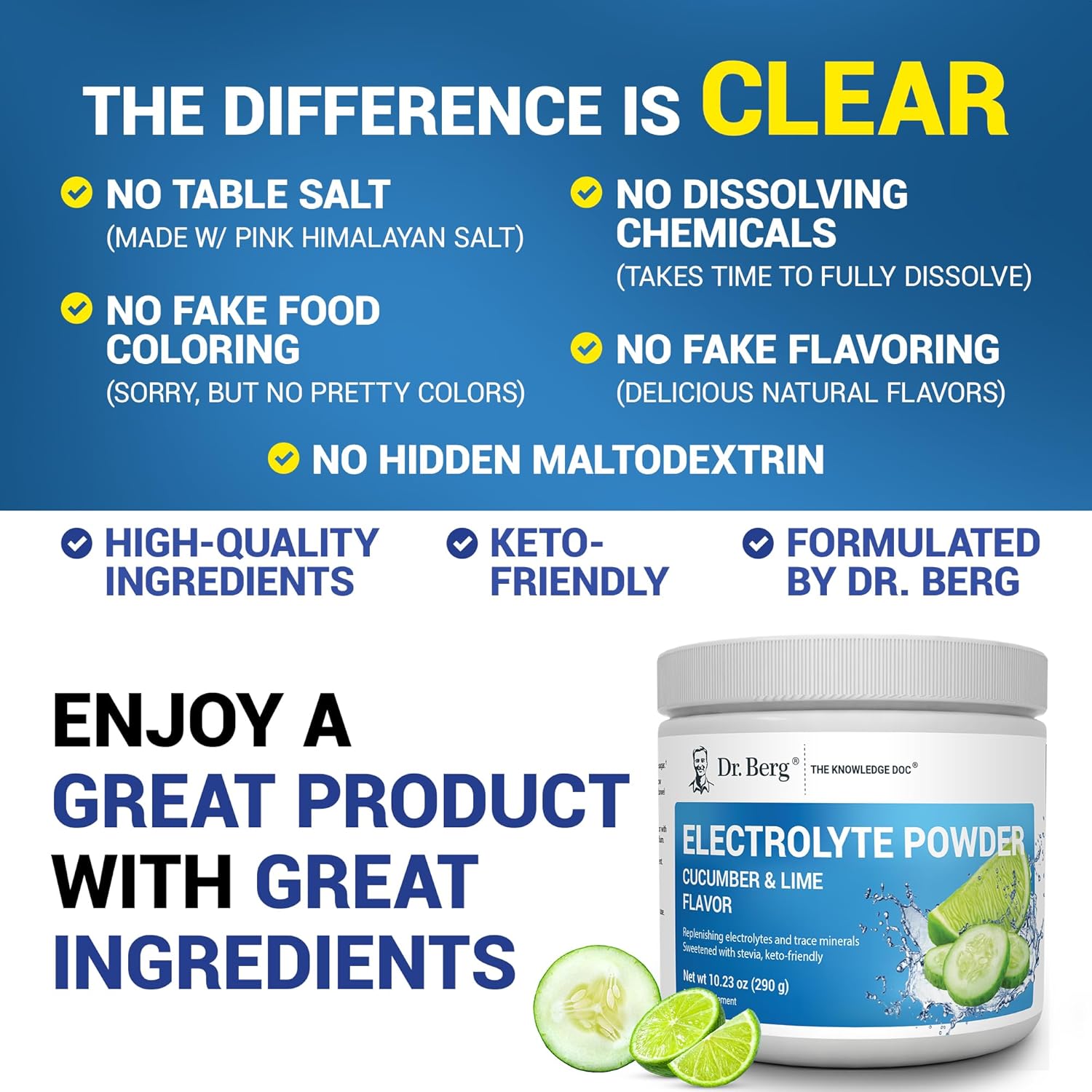 Dr. Berg Zero Sugar Hydration Keto Electrolyte Powder - Enhanced w/ 1000 mg of Potassium & Real Pink Himalayan Salt (NOT Table Salt) - Cucumber Lime Flavor Hydration Drink Mix Supplement - 50 Servings : Health & Household