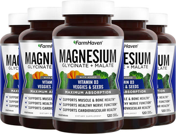 FarmHaven Magnesium Glycinate & Malate Complex w/ Vitamin D3, 100% Chelated for Max Absorption, Vegan ? Bone Health, Nerves, Muscles, 600 Capsules, 300 Days