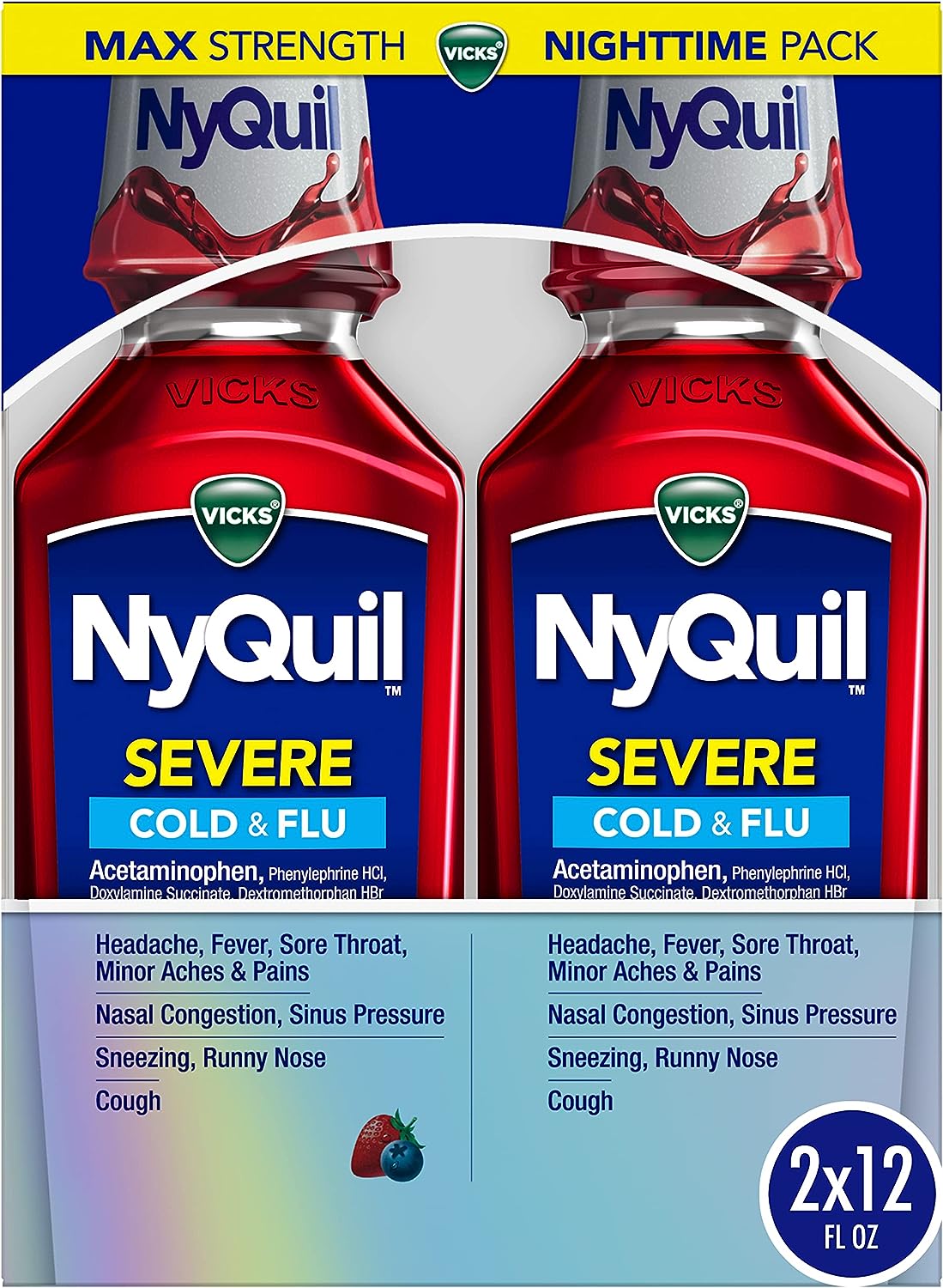 Vicks NyQuil SEVERE Cold, Flu, and Congestion Medicine, 2x12 fl oz Twin Pack, Berry Flavor, Maximum Strength, Nighttime Relief