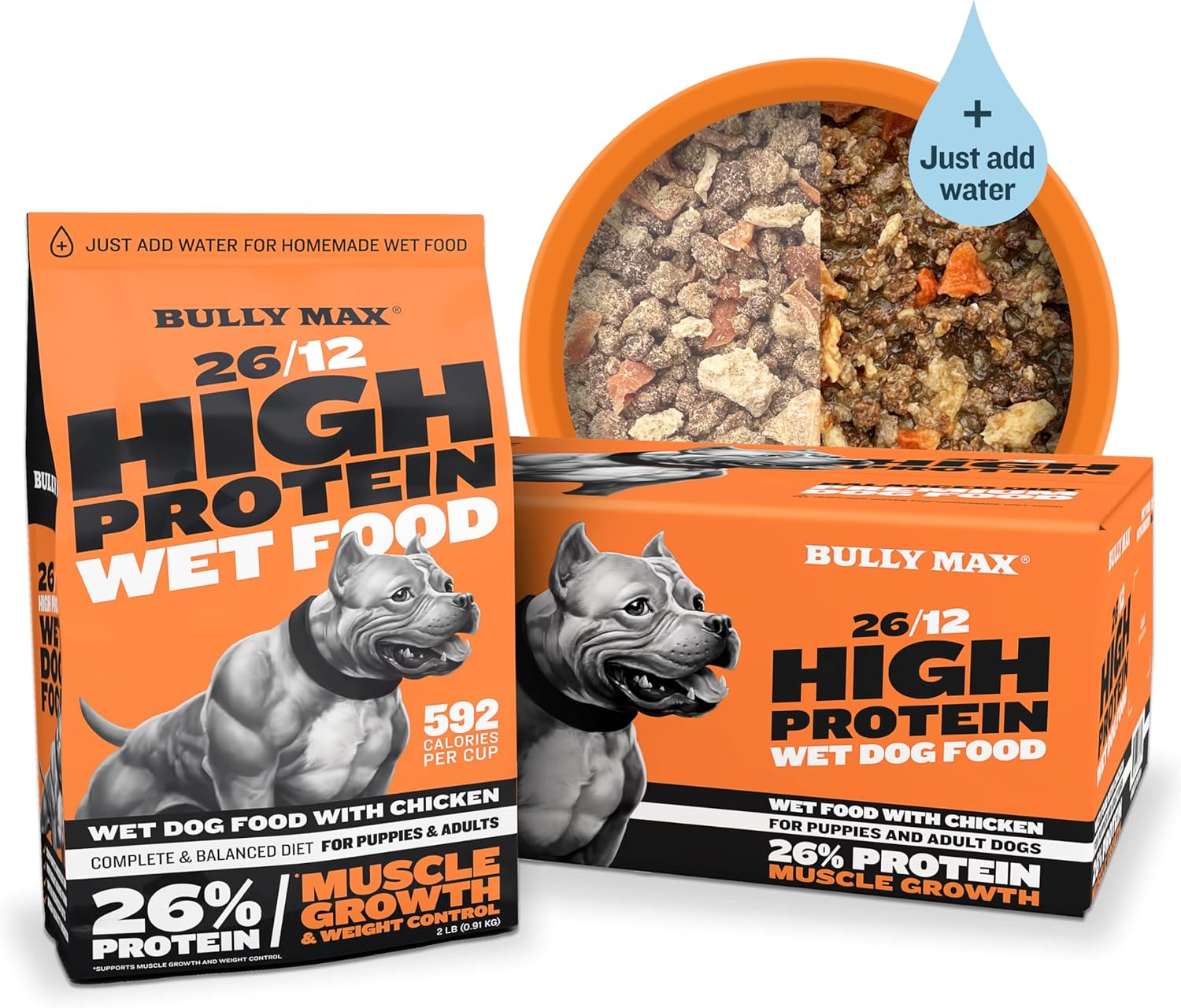 Bully Max Wet Dog Food - Instant Fresh Dehydrated High Protein Food With Chicken - Healthy Muscle Growth For Small And Large Breed Puppy & Adult Dogs - 20 Dry Pounds (Makes 55 Lbs. Of Wet Dog Food)