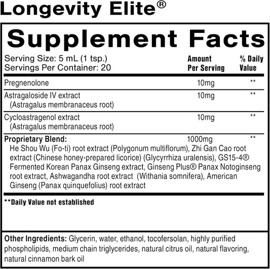 Quicksilver Scientific Longevity Elite - Liposomal Adaptogen + Pregnenolone Tonic - Herbal Supplements Designed For Age Optimization Support While Targeting Ampk, Sirtuins + Telomeres (100Ml)