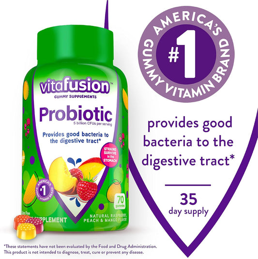 Vitafusion Probiotic Gummy Supplements, Raspberry, Peach and Mango Flavors, 5 Billion CFUs, 70 Count & Cranberry Gummies for Women, 500mg Cranberry Juice Concentrate per Serving, 60ct