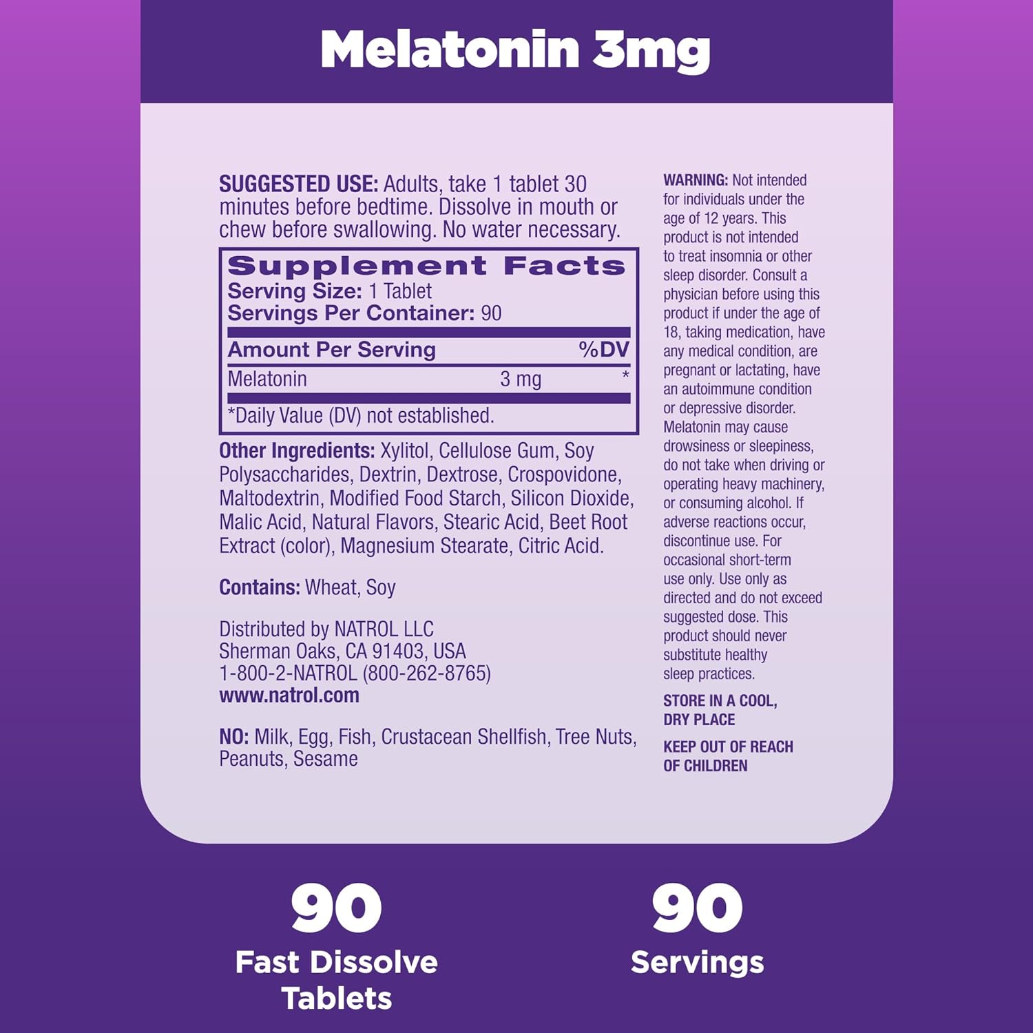 Natrol Melatonin 3mg, Strawberry-Flavored Dietary Supplement for Restful Sleep, 90 Fast-Dissolve Tablets, 90 Day Supply : Health & Household